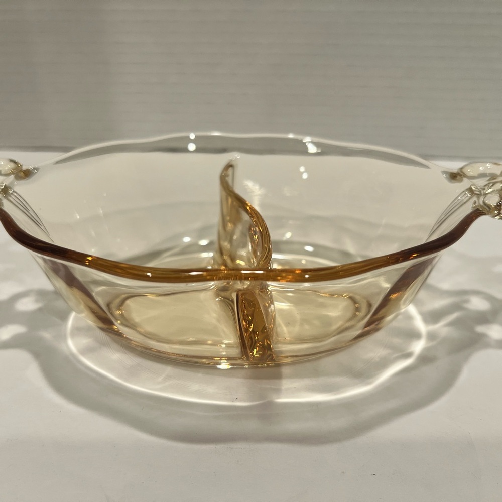 Vintage Fostoria Yellow Topaz Elegant Glass Divided Relish Dish Candy Dish 7”